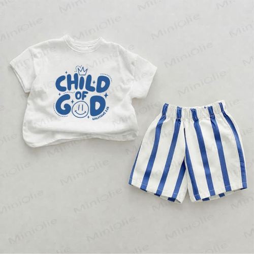 CHILD OF GOD Baby Slogan Blue Vertical Striped 2-piece Shorts Set