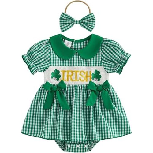 Baby Girl Outfit Newborn Clothes Cute Embroidery Romper Dress Puff Short Sleeve Plaid Skirt Hem Jumpsuit