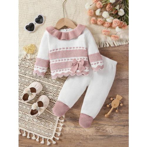 SHEIN 2pcs Baby Girls Ruffled Collar Knit Sweater & Pants Set, Cozy For Autumn/Winter, Suitable For Casual Wear, Outings, Travel, Pink/White Combo | SHEIN USA
