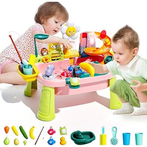 JEFLYM 2026 Upgraded Toddler Sand Water Table Toy with Electric Water Pump, Kids Sand Water with Faucet/Play Food Accessories/Fishing Toy, Kitchen Play Sink Toys for Girl Boy Age 3+ (Pink)
