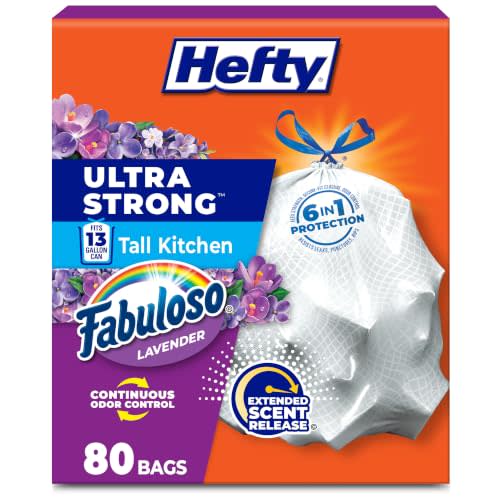 Hefty Ultra Strong 13 Gal Kitchen Trash Bags, Fabuloso Lavender, 80ct | 13G Tall White Trash Bags with Drawstrings for Kitchen and Home Use, Resists Leaks, Punctures, Rips, Continuous Odor Control
