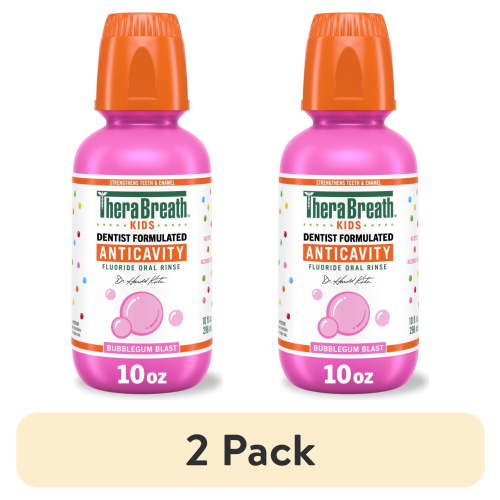 (2 pack) TheraBreath Kids Anticavity Fluoride Oral Rinse, Strengthens Teeth & Enamel, Alcohol Free & Dye Free, Certified Organic Bubblegum Blast Flavor, 10 fl oz