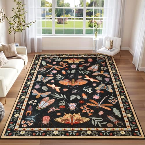 DweIke Vintage Print Washable Area Rugs 6x9, Soft Rugs for Living Room Non-Shedding Modern Bedroom Rug, Entryway, Dining Room, Office Decor, Low-Pile Throw Indoor Carpet, Black