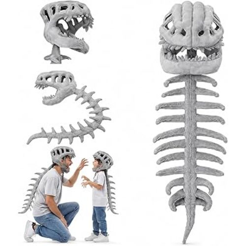 Dinosaur Skeleton Costume, Wearable Plush Dino Outfit with 3D Skull Hood, Spine Tail, Adult & Small Size Halloween Cosplay