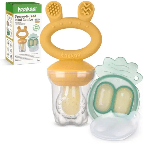 Haakaa Baby Fruit Food Feeder & Mini Freezer Nibble Tray Combo, Breastmilk Popsicle Molds for Baby Cooling Relief, BPA Free Silicone Feeder for Safe Infant Self Feeding, 4 Month+ (Mustard)