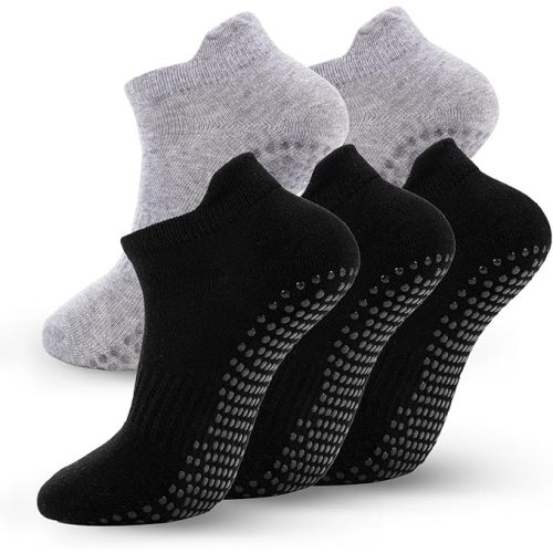 5 Pairs Pilates Socks with Grips for Women Non Slip Grip Yoga Crew Socks for Barre Hospital Barefoot Workout