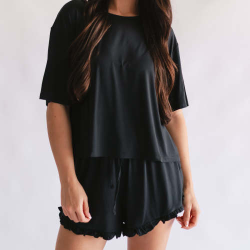 Women’s Ruffle Short Set in Solid Black