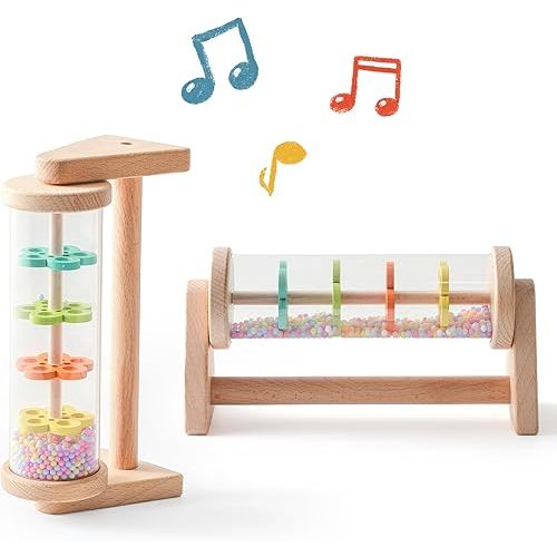 WOODEN TEETHER Wooden Soothing Rain Stick with Handle for 12 Months+ Babies Montessori Musical Baby Rattle Toys Calming Rainmaker for Early Sensory Development & Home Play