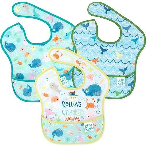 Bumkins Bibs for Girl or Boy, SuperBib Baby and Toddler 6-24 Months, Essential Must Have for Eating, Feeding, Baby Led Weaning Supplies, Mess Saving Catch Food, Waterproof Fabric 3-pk Blue Ocean Life