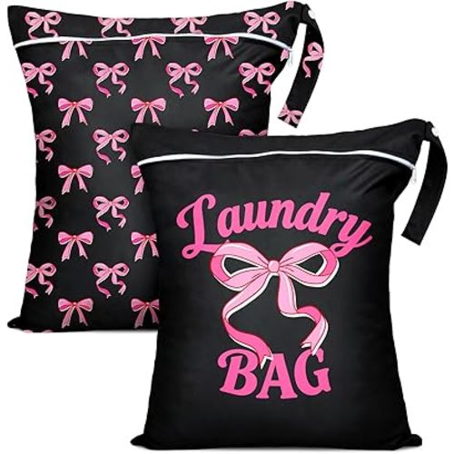 2 Pcs Large Travel Laundry Bags Waterproof Wet Dry Bag, Washable Dirty Clothes Bags for Travel，Drawstring, Bathing Suit, Workout, Gym Clothes Laundry, Swimming Pool & College Dorm, Black Bow