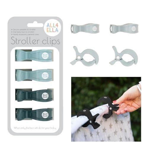 All4Ella Baby Blanket Stroller Clips (4 Pack) | Hooks Muslin to Stroller | Australian Baby Product | Infant/Toddler | Charcoal/Sage