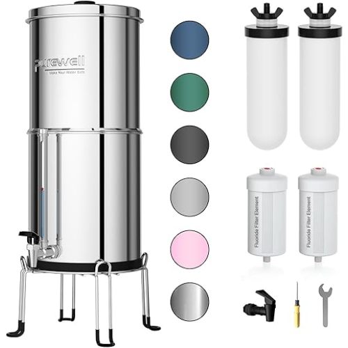 Purewell 8-Stage Gravity Fed Water Filter System, 2.25 Gallon Stainless Steel Countertop System with 4 Filters, Metal Water Level Spigot and Stand, Reduce Fluoride and Chlorine, PW-OBT-CF