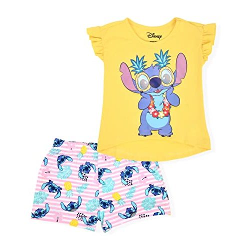 Disney Lilo and Stitch Girls’ Short Sleeve T-Shirt and Shorts Set for Little Kids – Pink/Yellow