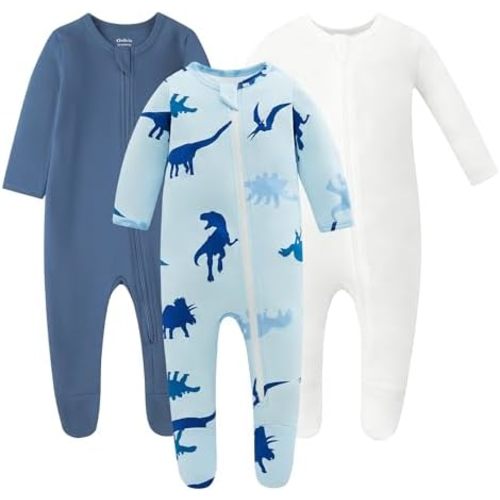 Owlivia Organic Cotton Baby Pajamas, Boys Girls 3-Pack Zip Front Sleep 'N Play, Footed Sleeper, Long Sleeve