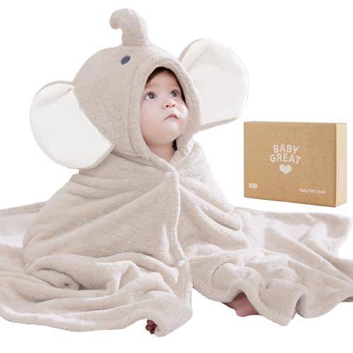 Babygreat Hooded Baby Towels Super Absorbent Baby Bath Towel for Winter– Extra Large 49”x31” – Ultra Soft Coral Fleece for Newborns, Infants & Toddlers – Cute Elephant Design – Quick-Drying