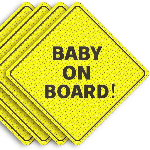 Baby On Board Sticker Sign - Essential for Cars - 4 Pack, 5" by 5" - Bright Yellow and See-Through When Reversing - Best Safety Signs - Non-Magnetic Sticker - Durable and Strong Adhesive