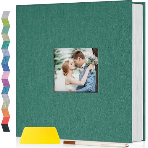 popotop Photo Album Self Adhesive with Picture Display Window,60 Pages DIY Scrapbooking Supplies Kit for 4x6 8x10 Picture,Linen Cover Memory Book for Baby Wedding, with Scraper and Metallic Pen