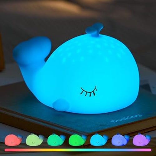 Cute Blue Whale Night Light, RGB Silicone Lamp for Kids