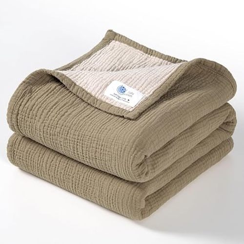 lulumoon Muslin Baby Blanket - Cotton Quilt Blankets for Toddlers - Reversible Nursery Crib Blanket for Baby Boys and Girls 47"x47"(Olive)