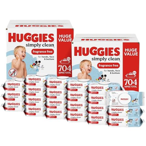 Huggies Simply Clean Unscented Baby Diaper Wipes, Flip-Top Packs (704 Wipes Total), Packaging May Vary (Pack of 22)