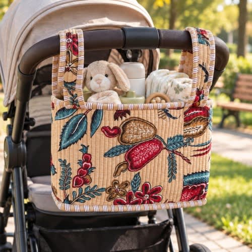 Handmade Quilted Cotton Stroller Caddy, Floral Bird Print Organizer (14" L)