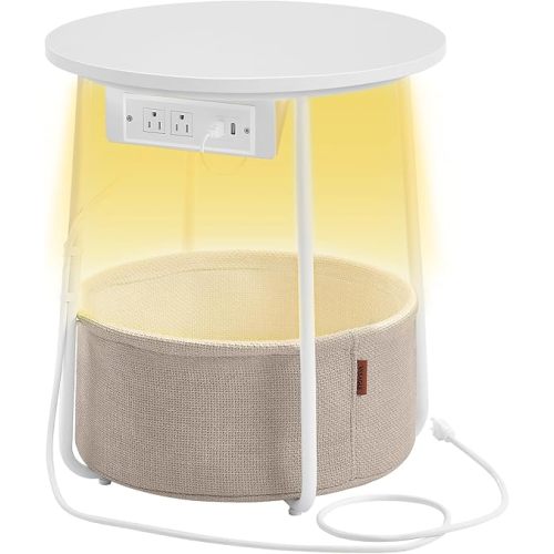 VASAGLE LILEA Collection - Side Table with Charging Station, Round End Table with Fabric Basket, LED Nightstand with USB Ports, Modern, for Living Room, Matte White and Camel Brown ULET227W01