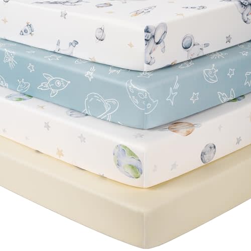 Baby Crib Sheets for Boys and Girls, Toddler Bed Sheets Fitted for 52”x28” Standard Crib and Toddler Mattresses, 4 Pack Soft Stretchy Microfiber Blue Space Astronaut