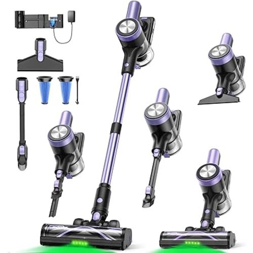 Cordless Vacuum Cleaner, 46KPa/500W Stick Vacuum with 55 Mins Runtime, Self-Standing Vacuum Cleaner for Home, LED Display, Anti-Tangle Brush, Rechargeable Vacuum for Hardwood Floor, Pet Hair (Purple)