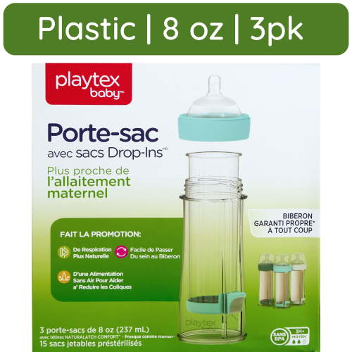 Playtex Baby Nurser Clear Anti-Colic Baby Bottle with 15 Drop-ins Liners, 8 oz, 3 Pack