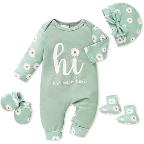 Sinhoon Newborn Baby Girl Romper Infant Letter Print Bodysuit Jumpsuit+Hat+Gloves+Socks 4Pcs Coming Home Clothes Outfit