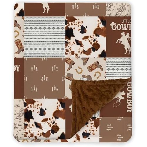 Western Baby Blanket, Cowboy Minky Blankets for Boys Girls, Nursery Room Decor, Soft Warm Lightweight Nursery Bed Blanket for Newborn Toddlers Son Daughter (10)