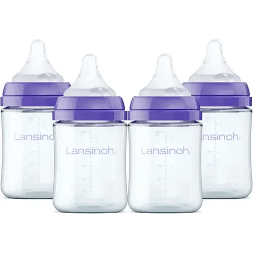 Lansinoh Anti-Colic Glass Baby Bottles, 5 Ounces, 4 Count, Includes 4 Extra Slow Flow Nipples (Size XS, Newborn), Baby Essentials