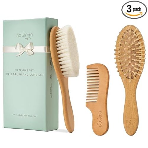 Natemia Wooden Baby Hair Brush & Comb Set - Natural Goat Hair Bristles & Soft Bristle Brush - Gentle Scalp Massage & Cradle Cap Comb - For Newborns & Toddlers, Baby Grooming Kit