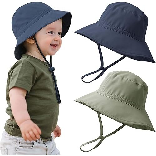 Konssy Baby Sun Hat 2 Pack, UPF 50+ Infant Bucket Hat, Summer Beach Hats with Wide Brim Adjustable Chin Strap, Soft-Lined
