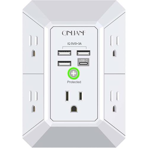 Wall Charger, Surge Protector, QINLIANF 5 Outlet Extender with 4 USB Charging Ports, 3-Sided 1680J Power Strip Multi Plug Adapter Spaced for Home Travel Office