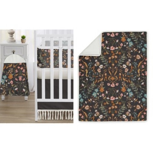 Sweet Jojo Designs Girl Crib Bedding + BreathableBaby Breathable Mesh Liner Baby Nursery Boho Floral Wildflower Orange Black and Blue