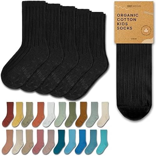 Foot Cardigan Organic Cotton Kids Socks, Non Slip Grip Crew, 5 Pairs Boys Girls Toddler to Teen Ages 2-14