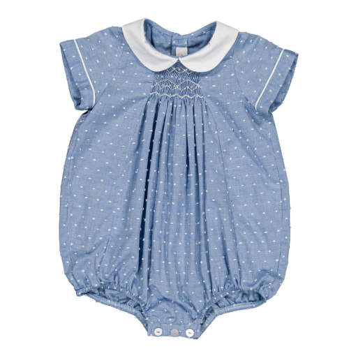 Caleb Smocked Boy Romper in Two-Tone Porcelain Blue Plumetis
