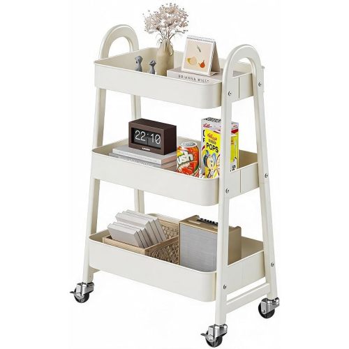 DUMOS 3 Tiers Metal Rolling Utility Cart with Lockable Wheels, Mobile Storage Organizer, Utility Shelving Unit for Kitchen, Office, Bathroom, Laundry, Narrow Places, White