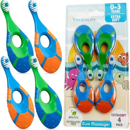 Baby Toothbrush 12 months and up - Toddler Toothbrush - Soft Bristles - Child Sized Brush Heads - infant toothbrush - Kids Tooth Brush - Easy Storage - BPA Free - Boy Set (4-Pack, Green, Orange, Blue)