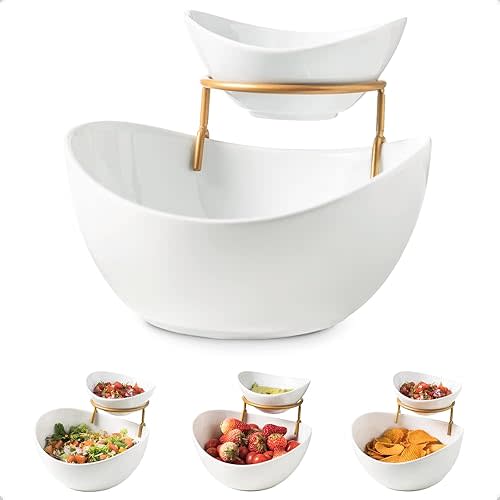 YHOSSEUN Chip and Dip Serving Set 2 Tiered Chip Dip Bowls with Metal Rack for Appetizer, Snacks - Large Chip Bowl 45 oz Small Dip Bowl 7 oz-Serving Bowls for Party, Food Dispaly - Gold Stand