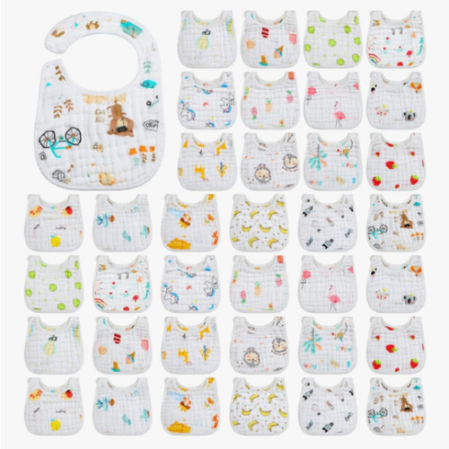 Hicarer 36 Pack Muslin Baby Bibs Bulk Adjustable Newborn Toddler Drool Snap Bibs 8 Layers Cotton Baby Boy Girl (U Shape)
