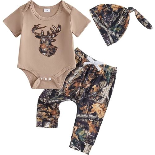 Newborn Baby Boy Hunting Outfit Deer Mallard Duck Short Sleeve Romper Jungle Camo Pants Set Hat 3Pcs Clothes