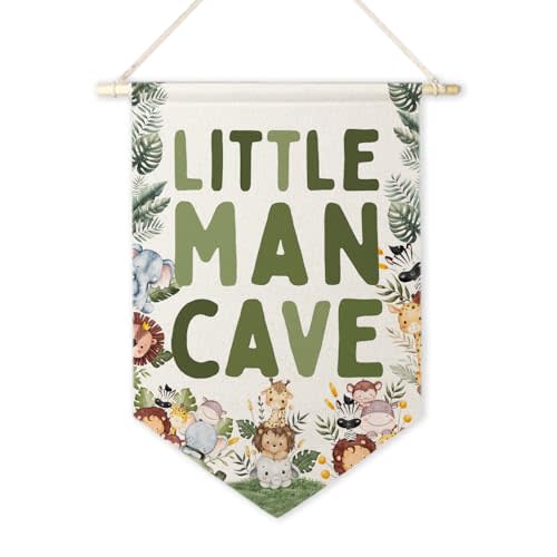 ArtisaEura Little Man Cave Wall Canvas Banners, Safari Nursery Decor, Woodland Animal Hanging Display Pennant Banner Flags, Animals Nursery Wall Decor for Kids Boys Room Bedroom Playroom