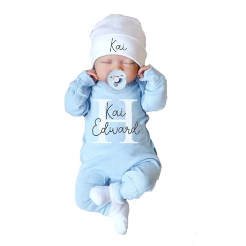 Custom Personalized Newborn Baby Coming Home Outfit with Monogrammed Sleeper, Custom Baby Romper and Hat Set for Baby Girl and Boy - Perfect Baby Shower Gift (Style 1)