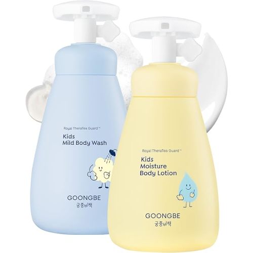 GOONGBE Kids Complete Body Care Set - Korean Low pH Body Wash & 24hr Moisturizing Lotion - Hydrating Formula with Panthenol, Amino Acids, Cica & Squalane - Allergen-Free Scent, 10.1 fl.oz & 2.7 fl.oz