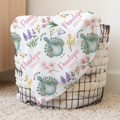 Custom Peacock Nursery Baby Name Blanket, Personalized Pink Tulips Swaddle Baby Shower Gift, New Mom Hospital Blanket, Newborn Gift