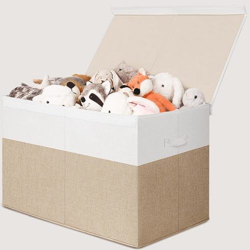 Large Toy Box with Lid, Collapsible Toy Storage Organizer Chest with Divider, Foldable Toy Bin for Kids Boys Girls Playroom Nursery Bedroom Living Room 25"x16"x13" (Beige & White)