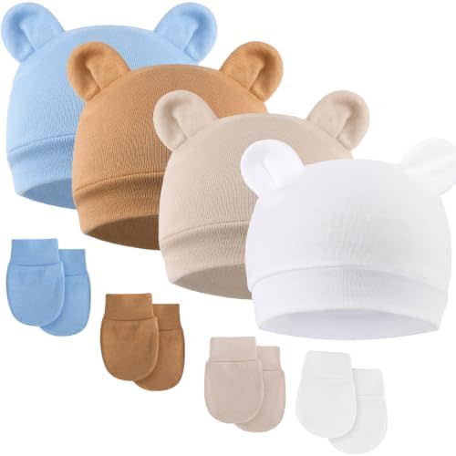BQUBO Newborn Baby Bear Ears Hats and Mittens Sets Preemie Cotton Caps Baby Boy Girl Infant Hospital Beanie