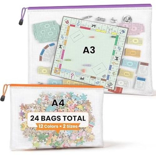 Umriox A3 A4 Mesh Zipper Storage Bags, 24 Pack 12 Colors Organizer Pouches